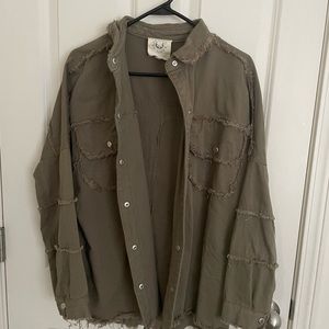 Olive green shacket with skull patch